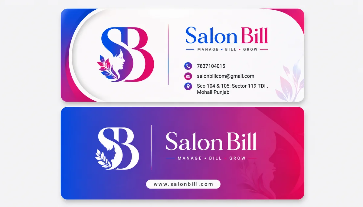 SalonBill visiting card with phone, email and office address