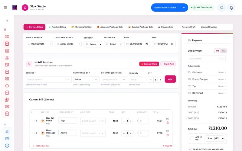 Make A Bill screen with a customer, two services, the Dual payment switch, discount and GST summary