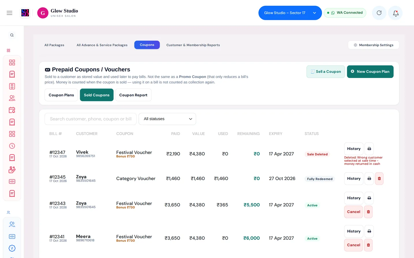 Sold Coupons list with paid amount, value, used and remaining balance, expiry and status