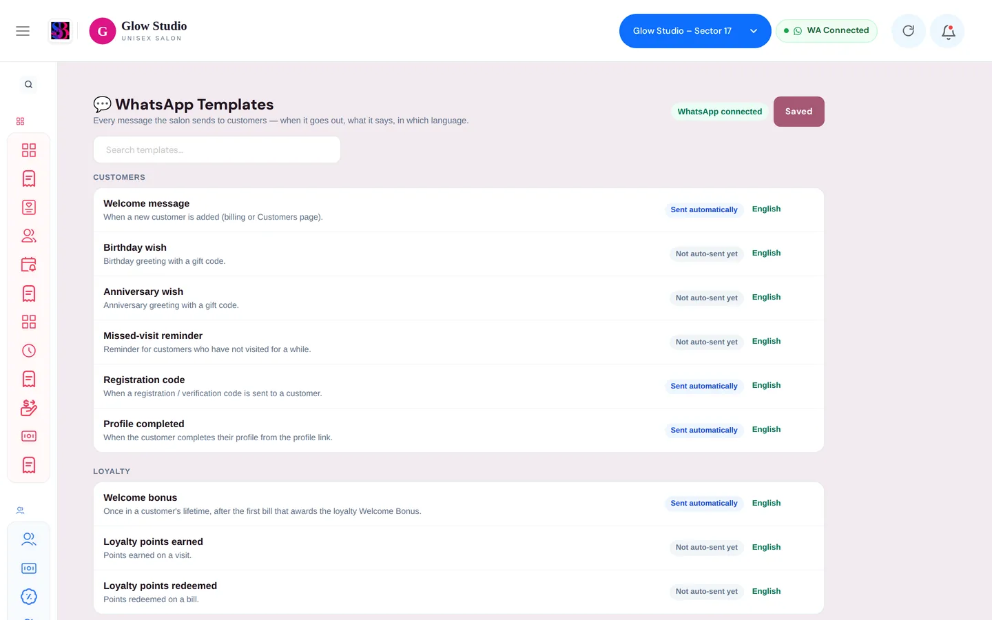 WhatsApp Templates page listing customer and loyalty messages and whether each is sent automatically