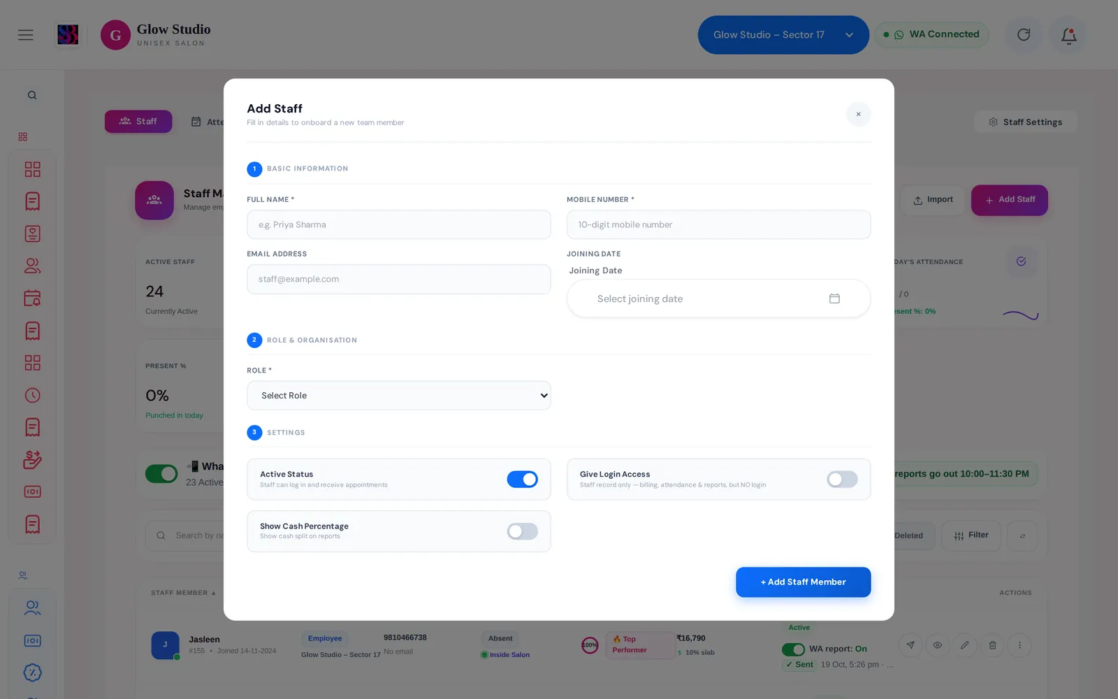 Add Staff dialog with name, mobile, role, designation and salary fields