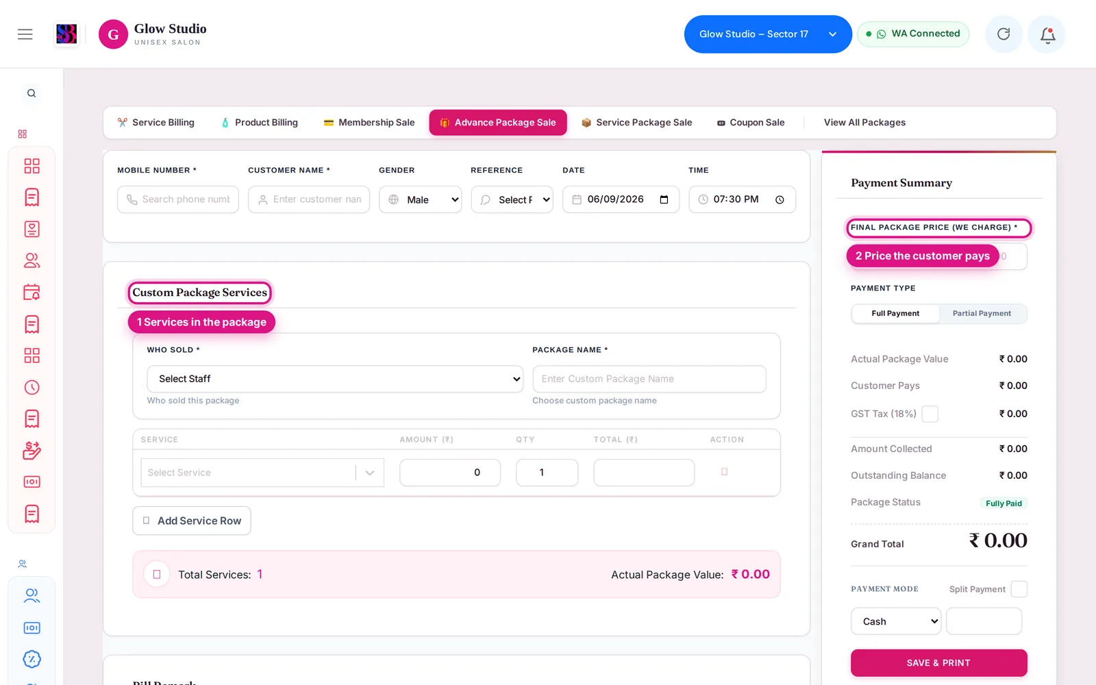 Advance Package Sale screen with services and final price