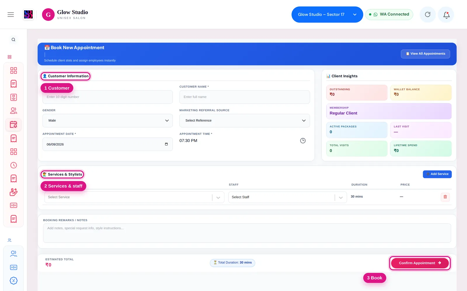 Book New Appointment screen with customer, services and stylists, and Confirm Appointment