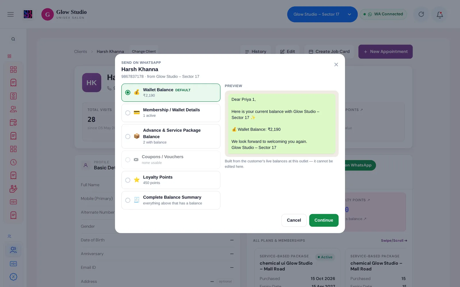 Send on WhatsApp dialog with balance options and a message preview