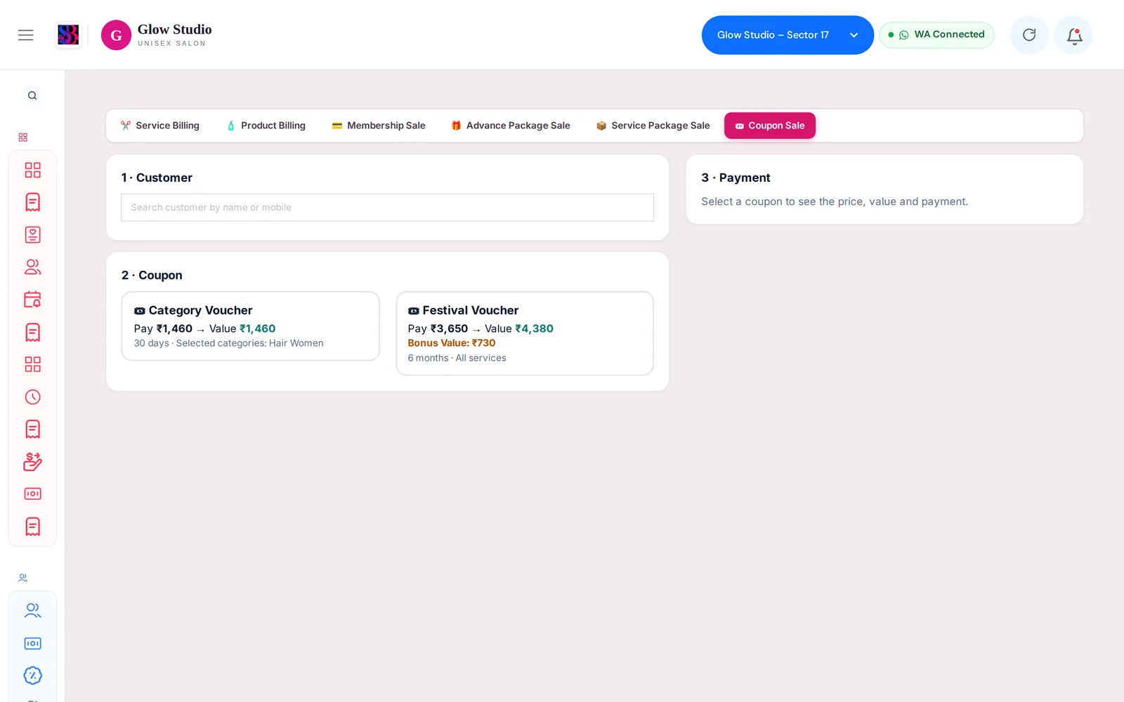 Coupon Sale tab with customer, coupon and payment steps