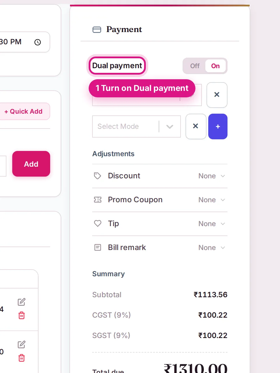 Payment panel with Dual payment switched on and two payment rows