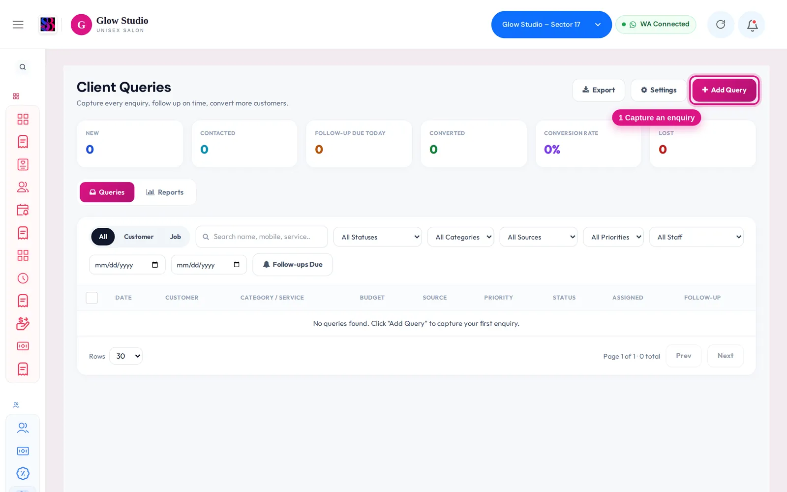 Client Queries page with the KPI strip, filters and Add Query button