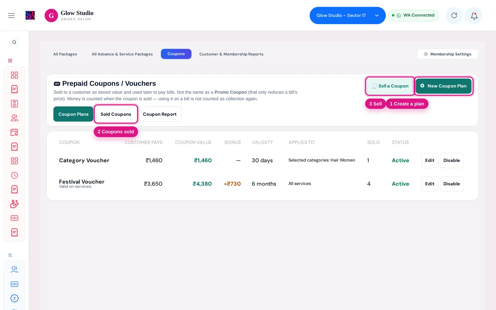 Prepaid Coupons page with New Coupon Plan, Sold Coupons and Sell a Coupon