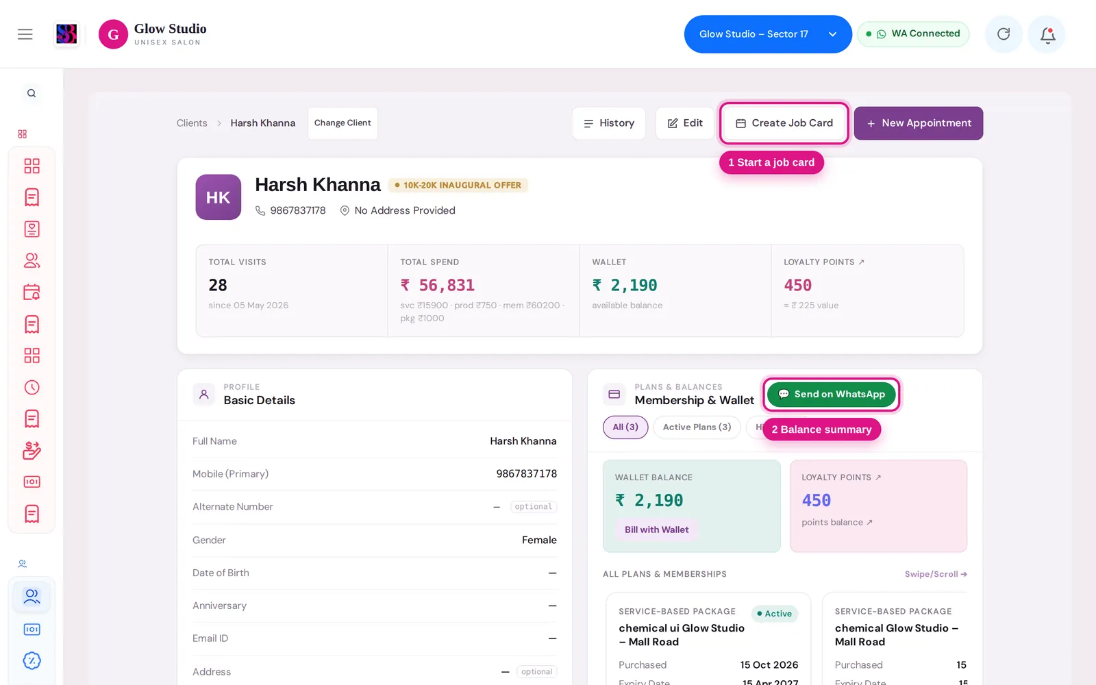 Customer profile with visits, spend, wallet, loyalty and plans, with Create Job Card and Send on WhatsApp marked