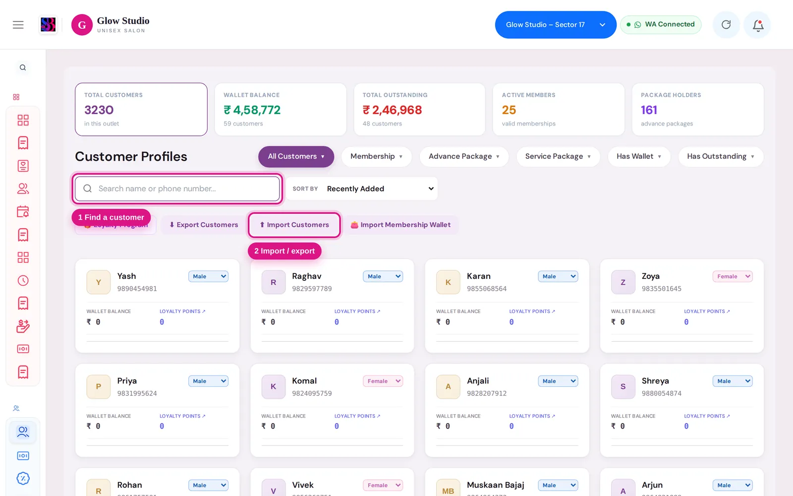 Customer Profiles directory with the search box and import/export buttons