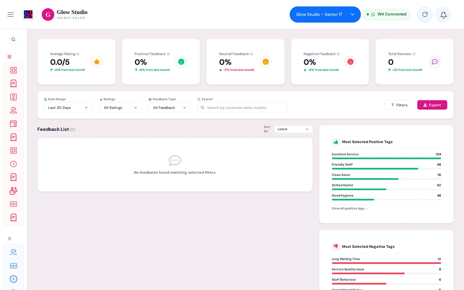 Feedback page with rating summary, filters and the review list