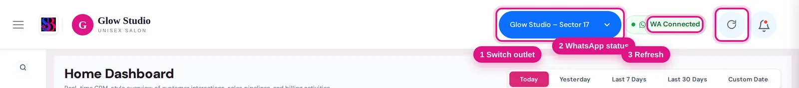 Top bar showing the outlet switcher, WhatsApp status pill and Refresh button