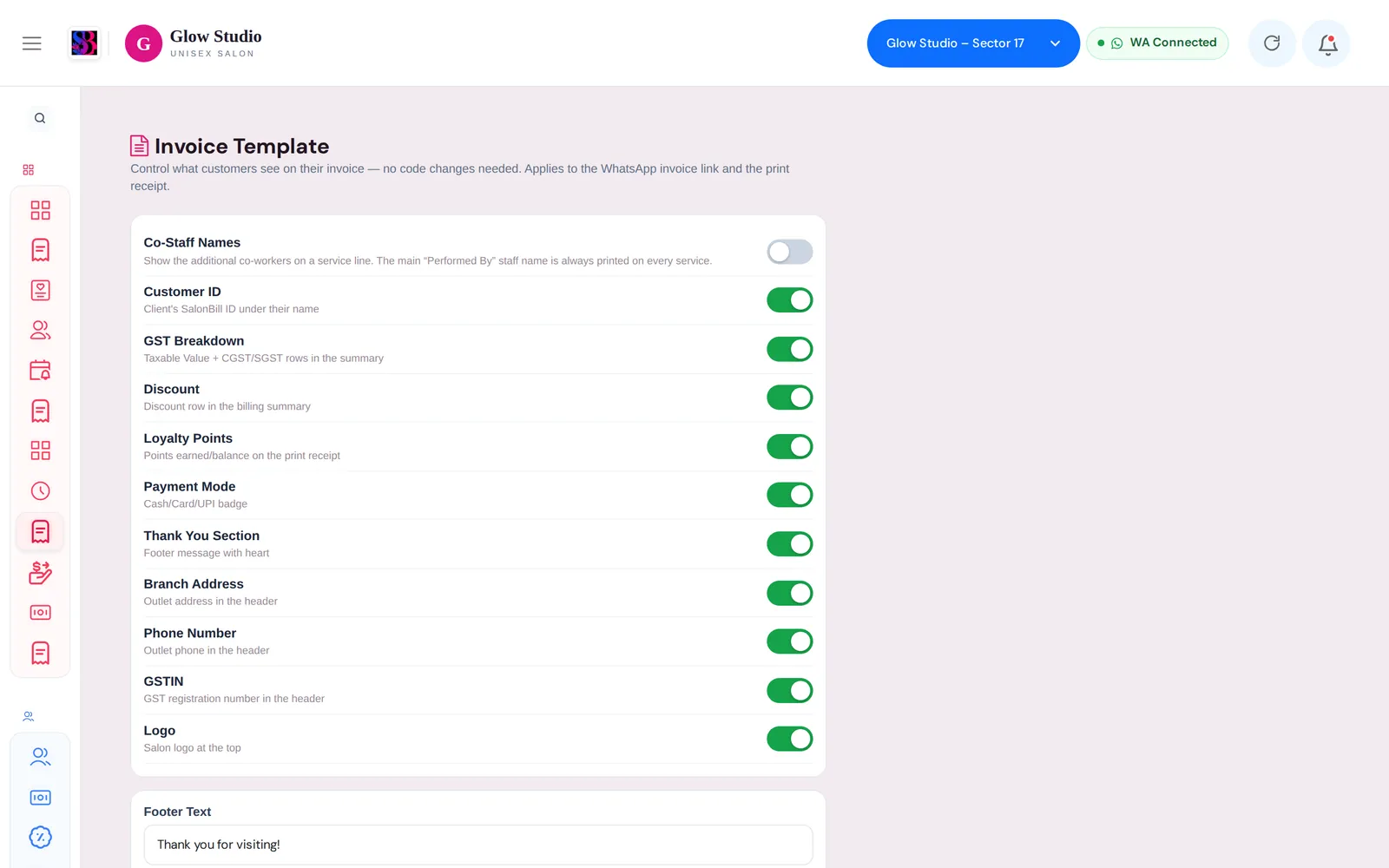 Invoice Template settings with ON/OFF switches, footer text and brand colour