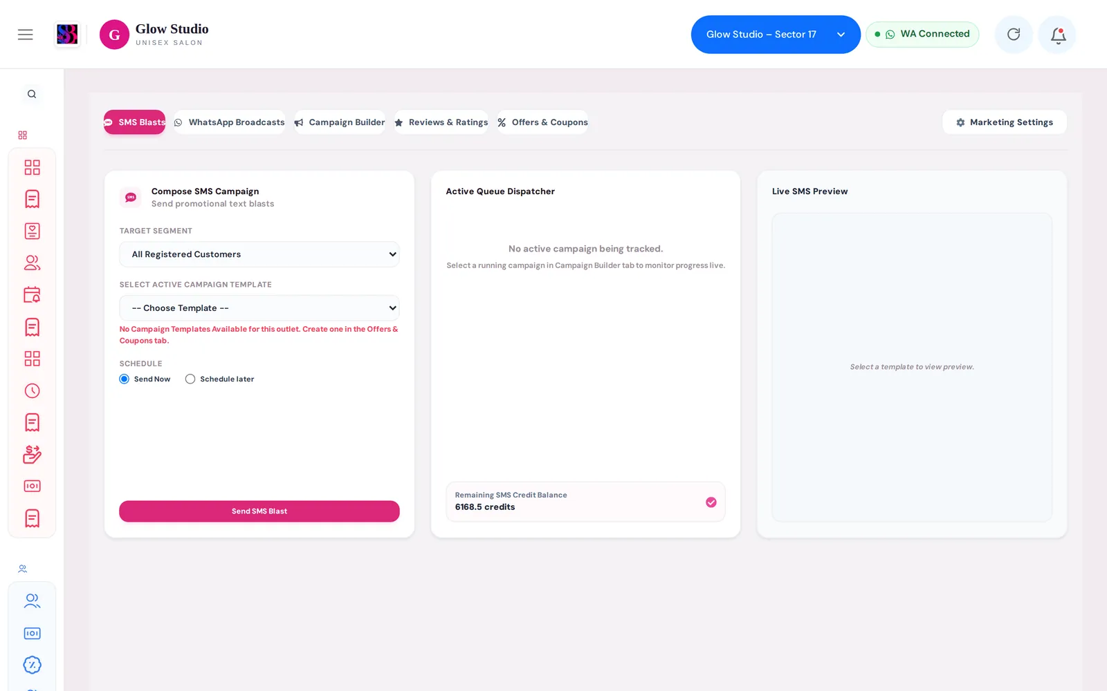 Marketing page with WhatsApp broadcasts and the campaign builder