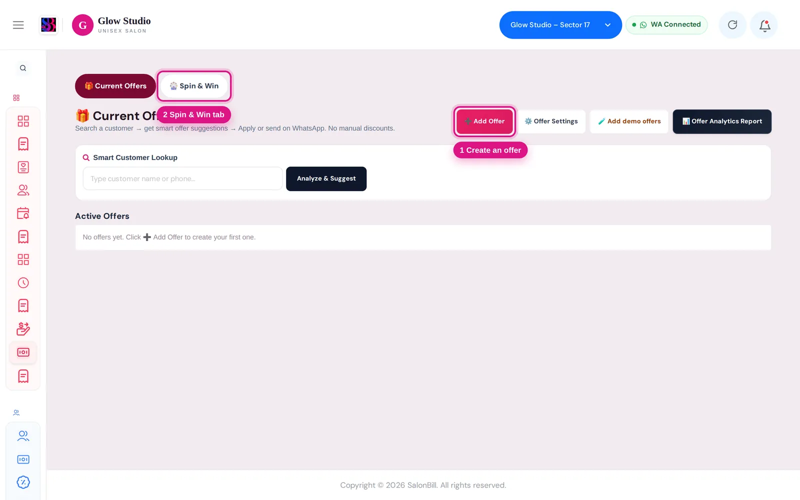 Current Offers page with Add Offer and the Spin & Win tab