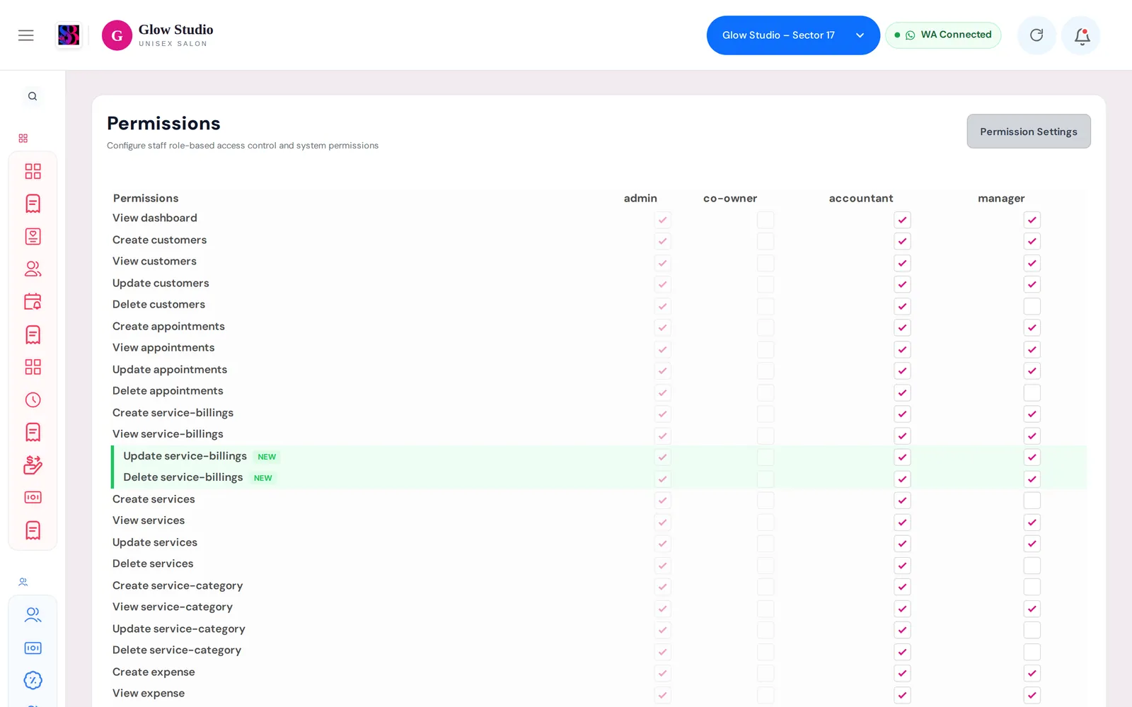Permissions matrix with a row for each permission and a column for each role