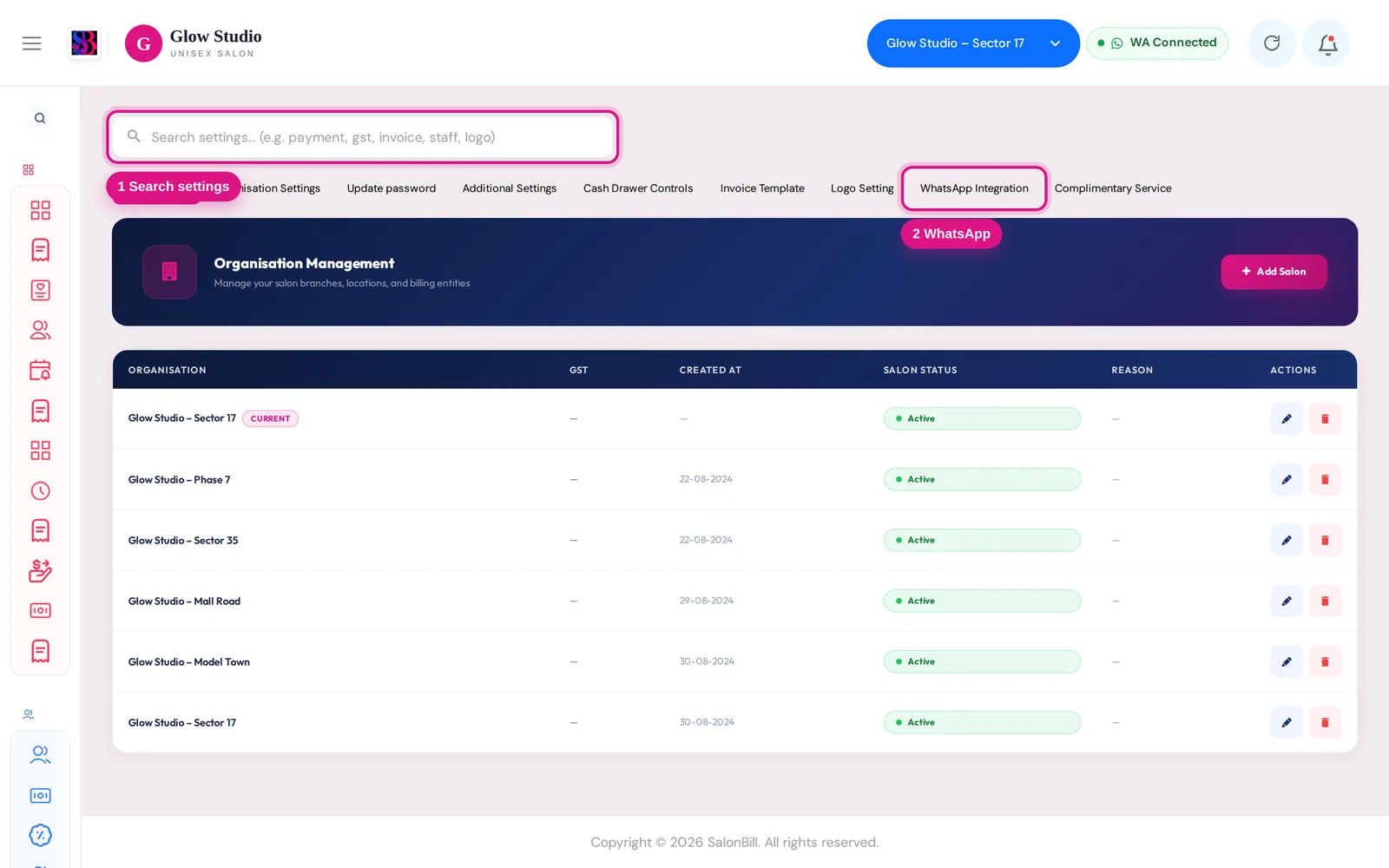 Settings page with the search box and the WhatsApp Integration tab